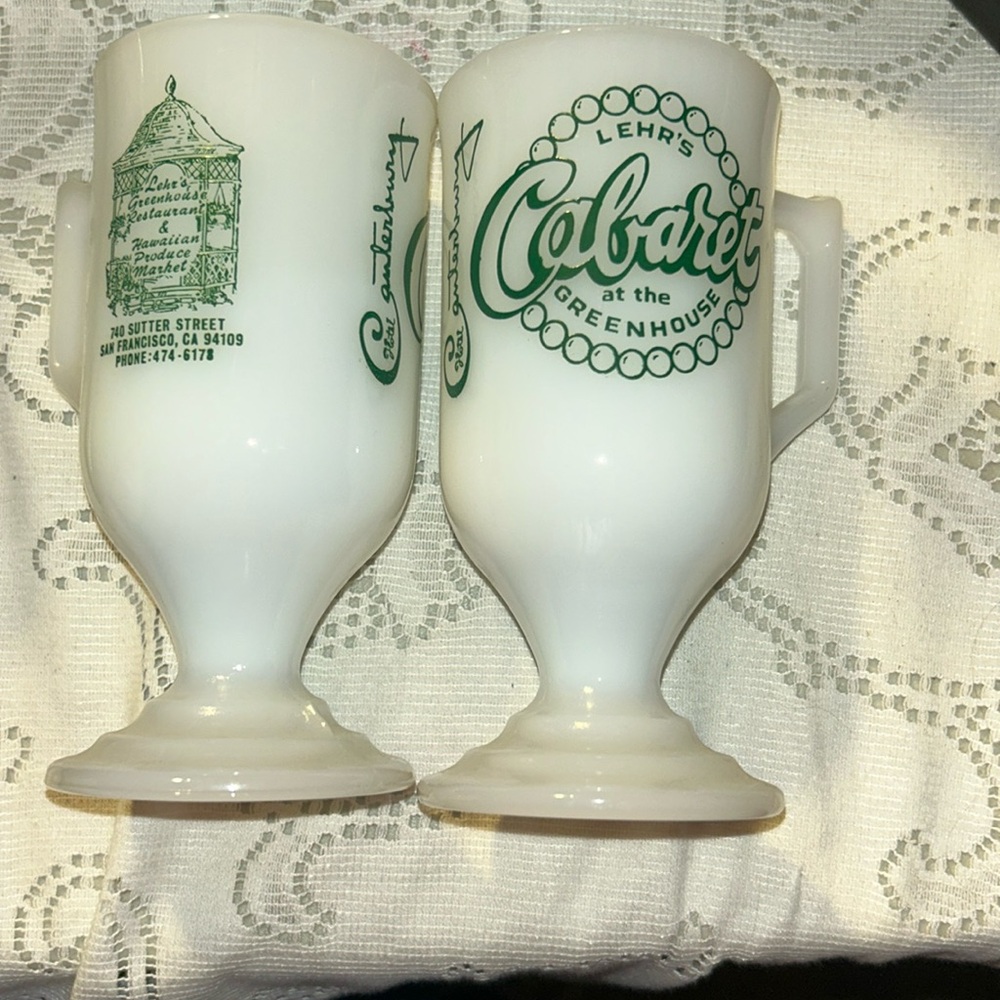 LEHR’s Cabaret at the Greenhouse set of 2 Milk Glass Coffee Mugs